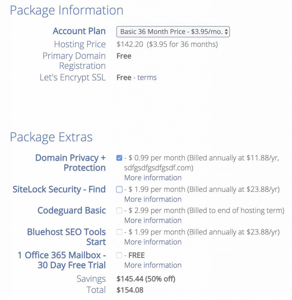 Select Bluehost packages