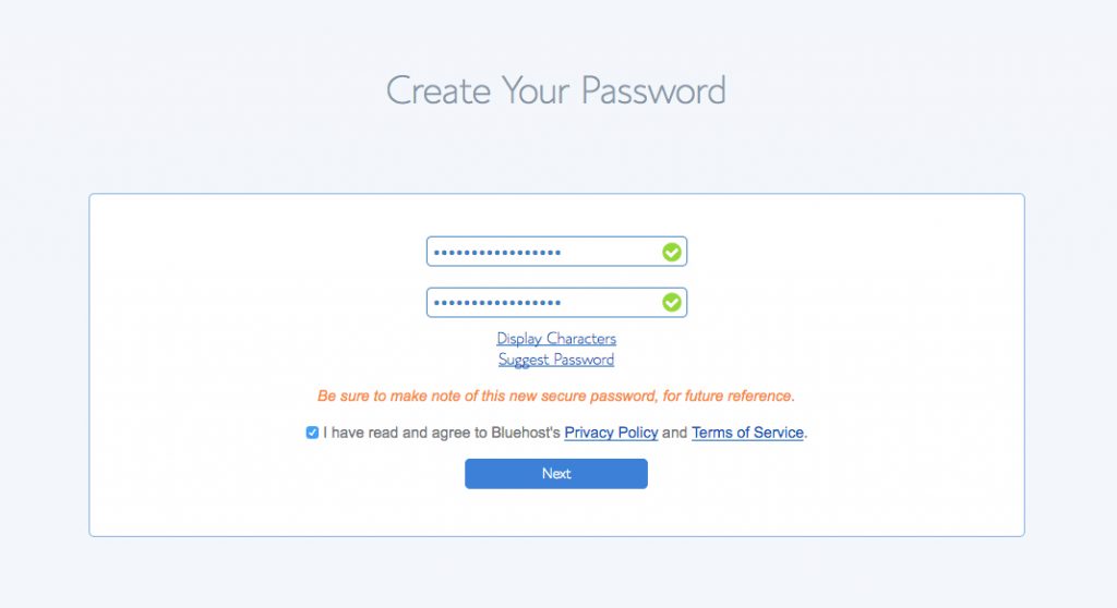 Create a password for bluehost account