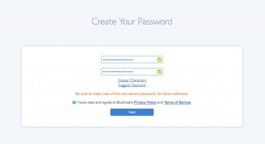 Create a password for bluehost account